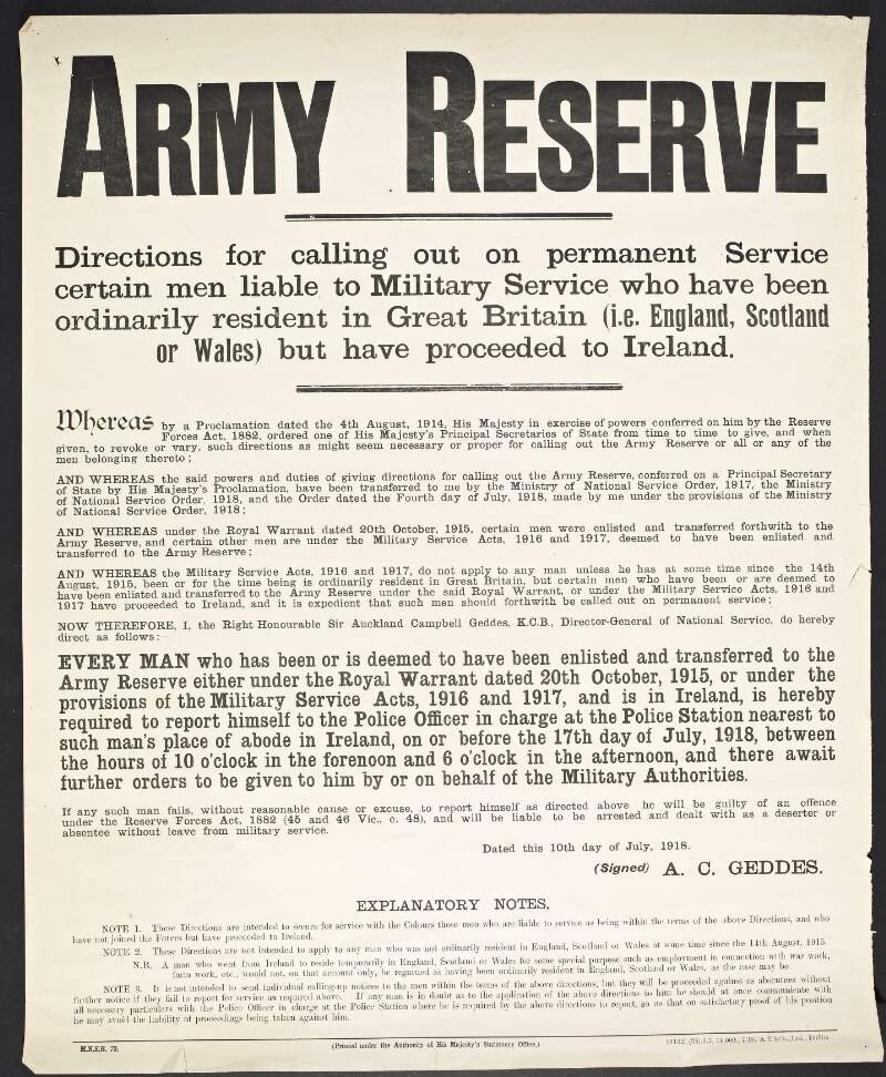 Army Reserve : directions for calling out on permanent service certain men liable to miliary service who have been ordinarily resident in Great Britain (i.e. England, Scotland or Wales) but have proceeded to Ireland /