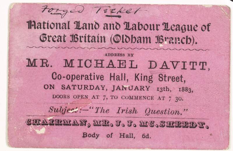 Address by Mr. Michael Davitt : Co-Operative Hall, King Street : on Saturday January 13th 1883 /