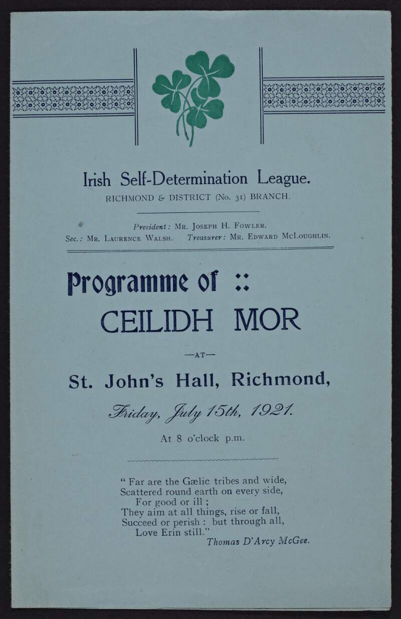 Programme of ceilidh mor : at St. John's Hall, Richmond [London]: Friday July 15th 1921 /