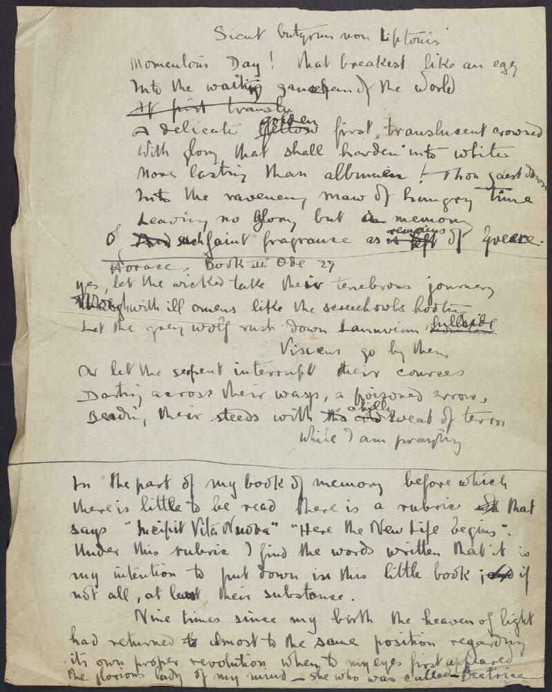 Draft of poem by Joseph Mary Plunkett, including quotation from Roman poet Horace and notes,