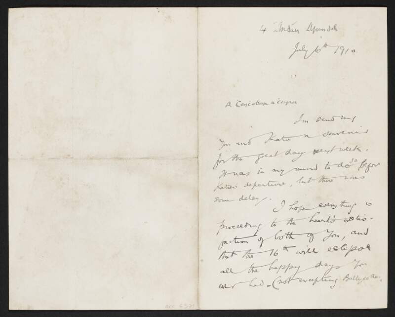 Letter from Terence MacSwiney to Fred Cronin conveying warm wishes for Cronin's forthcoming marriage,