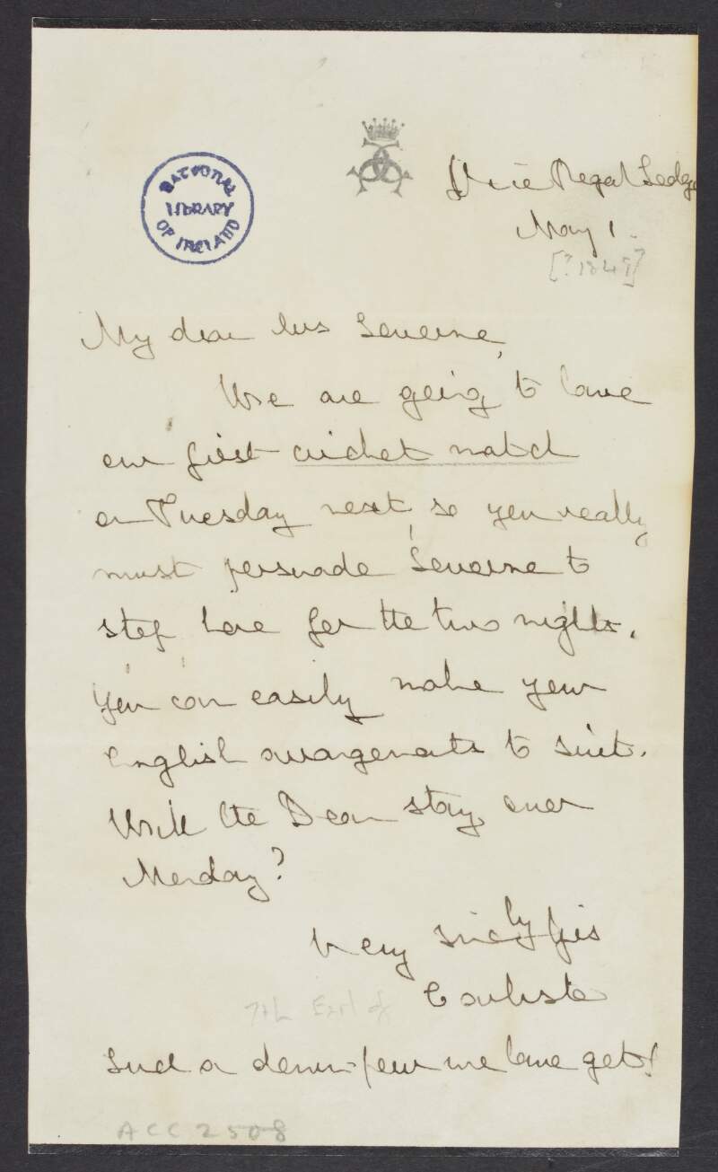 Letter from George Howard, 7th Earl of Carlisle, to an unidentified recipient regarding an upcoming cricket match,