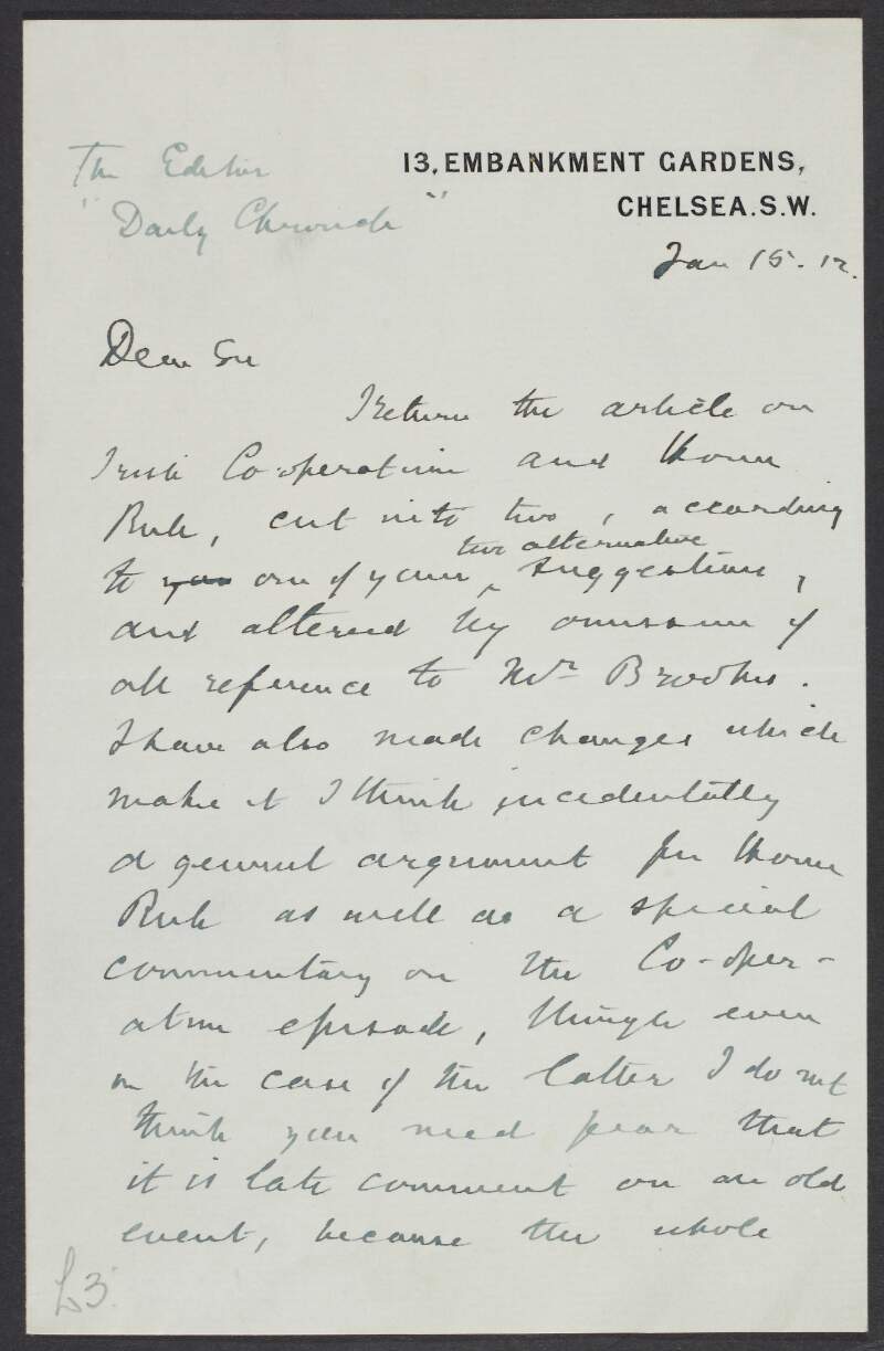 Letter from Erskine Childers to the editor of the Daily Chronicle regarding an article on Irish Co-operation,