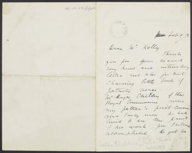 Letter from Erskine Childers to a Mr. Kelly regarding a book of patriotic verses and Winston Churchill's speech on Home Rule,