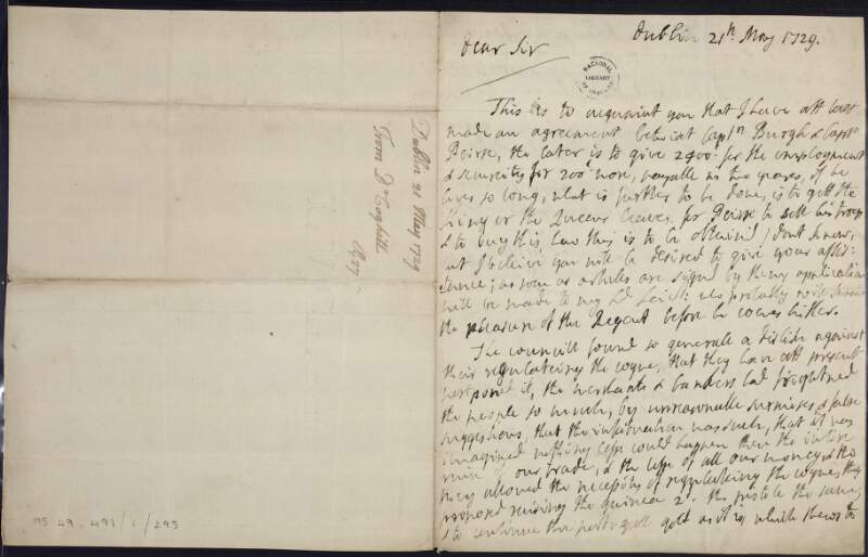 Letter from Marmaduke Coghill to "Captain Burgh" and "Captain Peirre"  regarding an agreement,