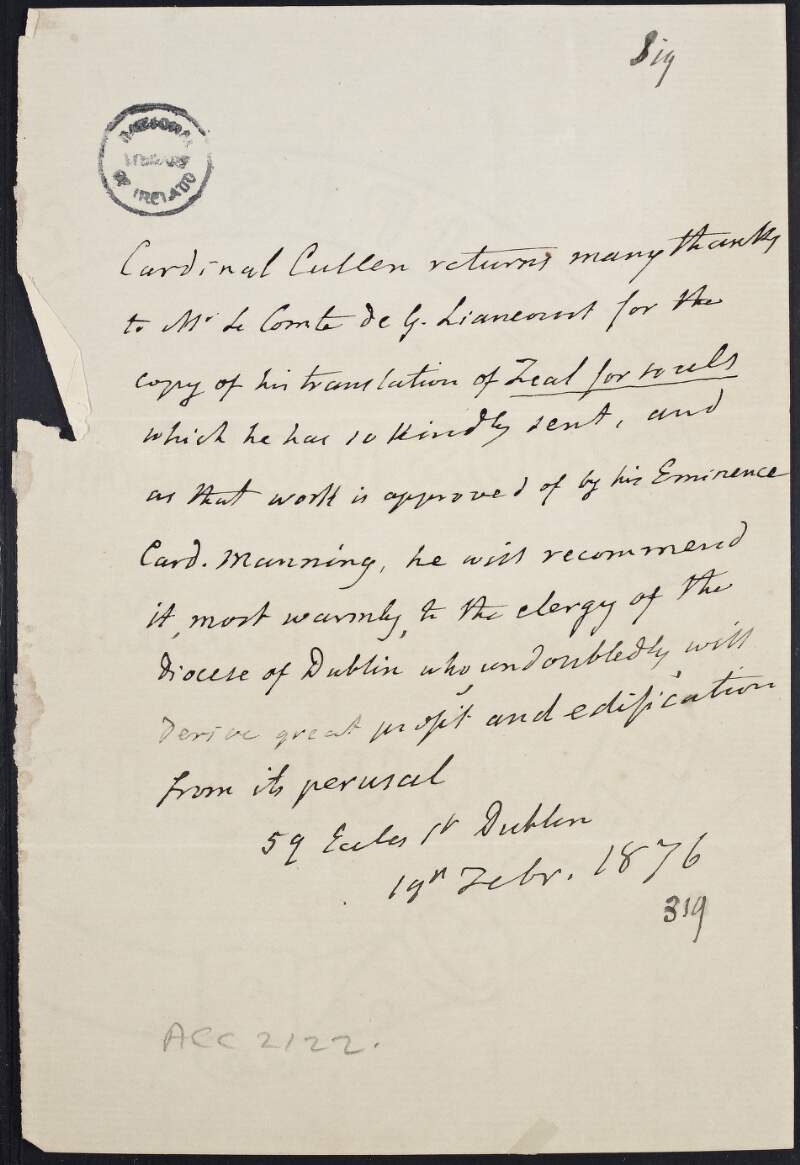 Letter from Cardinal Paul Cullen to a Mr. Le Comte de Liancourt, thanking him for the copy of his translation of 'Zeal for Souls',
