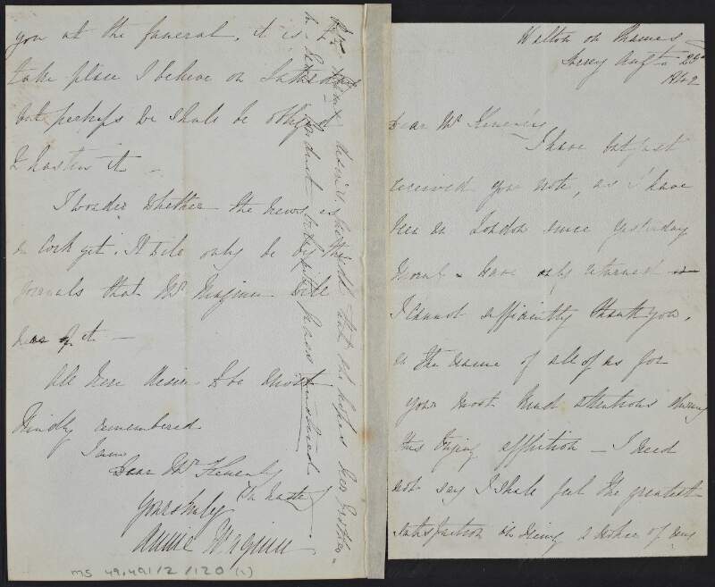Letter from Annie Maginn [daughter of William Maginn] to Edward Vaughan Kenealy concerning the death of her father,