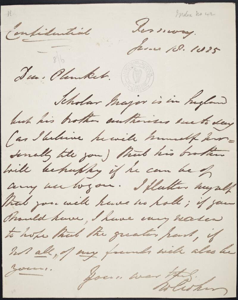 Letter from John Wilson Croker to William Conyngham Plunket, referring to a "Scholar Major",