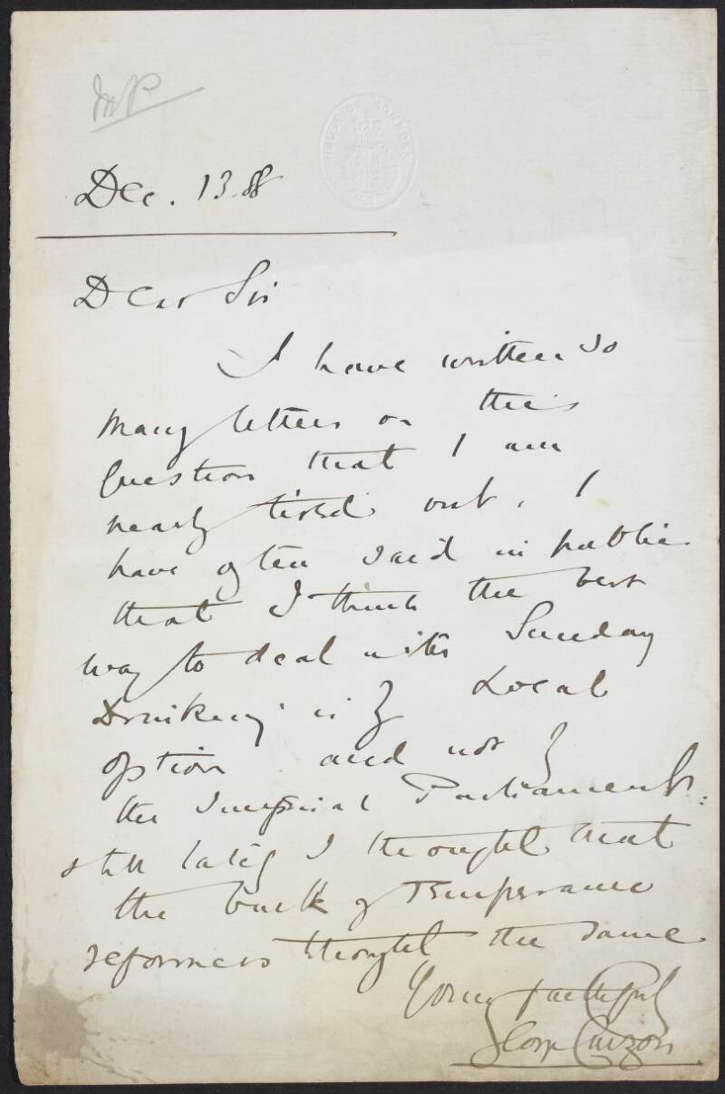Letter from Lord Curzon of Kedleston to unknown recipient regarding the best way to deal with the issue of "Sunday Drinking",