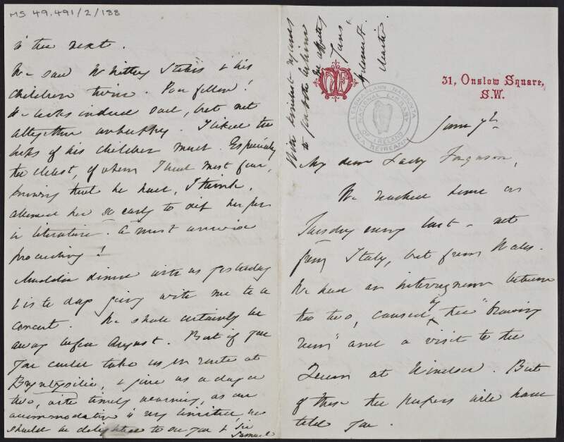 Letter from Helena Saville Faucit Martin to Mary Catharine Guinness Ferguson, mentioning a visit to Queen Victoria and a recent trip to Italy,