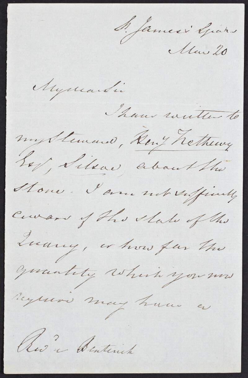 Letter from Thomas Philip De Grey to unknown recipient stating he has written to his steward, Henry Trethewy, regarding the stone and recommending that the recipient's builder contact Mr. Trethewy.