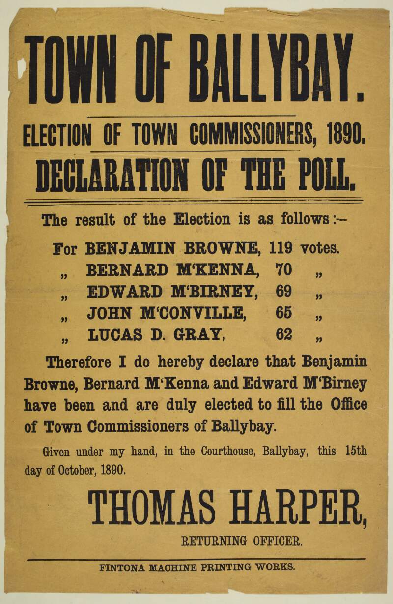 Town of Ballybay : election of Town Commissioners, 1890. Declaration of the poll.