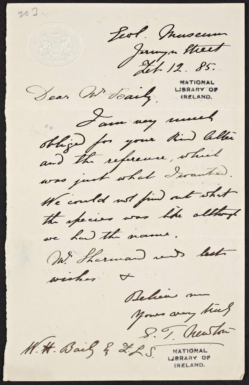 Letter from S.T. Newton, Geological Museum, to W.H. Baily, thanking him for his letter relating to the identification of a fossil,