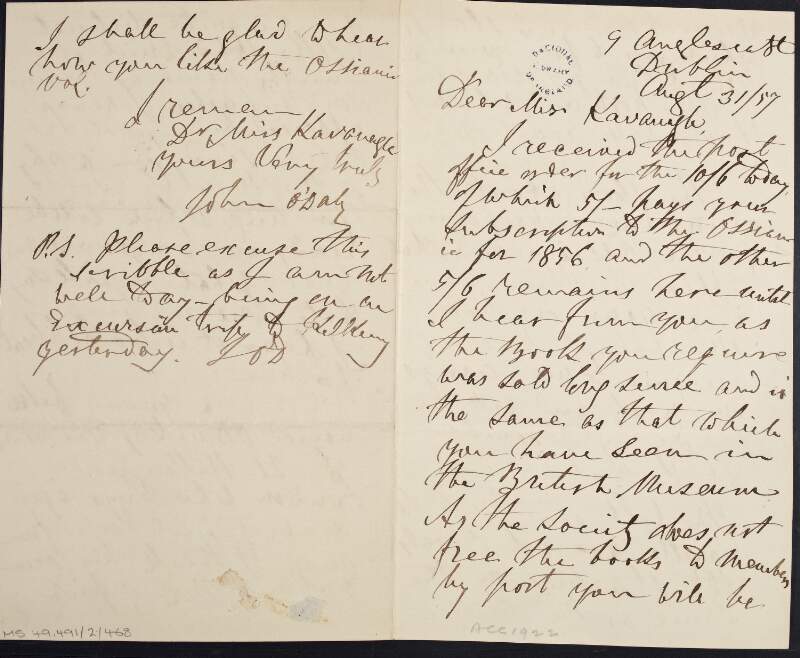 Letter from John O'Daly to [Julia] Kavanagh, concerning her subsciption to the Ossianic Society,