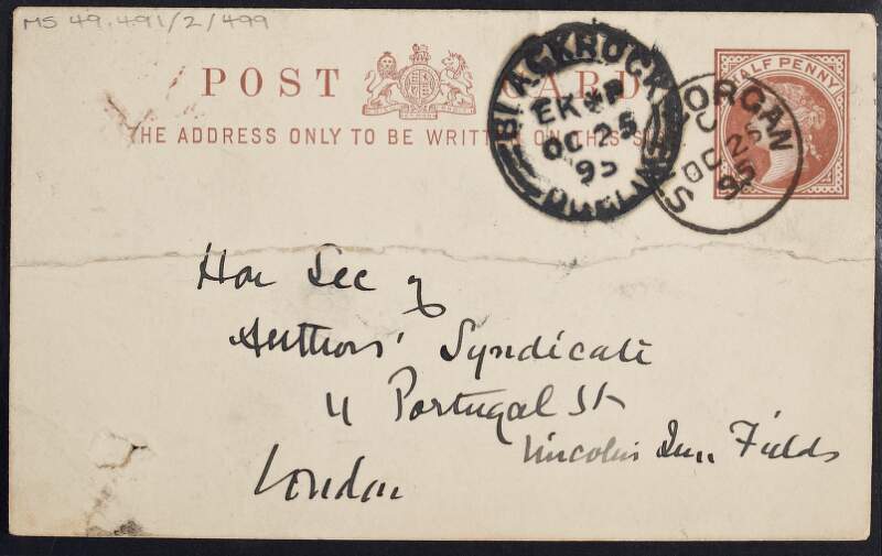 Postcard from Standish O'Grady to the secretary of the Author's Syndicate, Lincoln Inn Fields, London, concerning the accounts for 'Story of Ireland' and 'Coming of Cuculain',