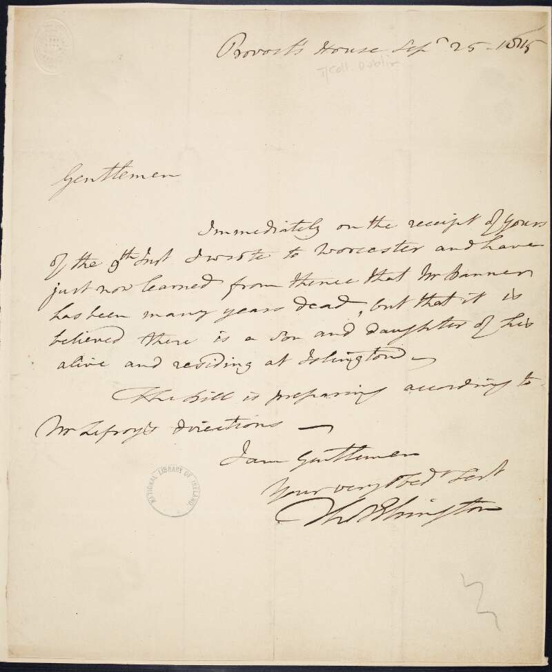 Letter from Thomas Elrington to unidentified recipient, informing that Mr.Banner has been dead for many years, discussing his children and a Bill,