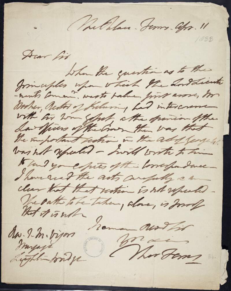 Letter from Thomas Elrington, Bishop of Leighlin and Ferns, to J.M.Vigors, regarding law offices of the Crown, promising to send copies of correspondence and that he has read the Acts carefully,