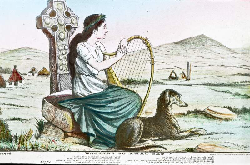 Published print, personification of Ireland: girl/grave/harp: 'The dawn of freedom'.