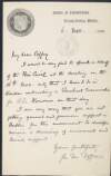 Letter from George Francis Fitzgerald to "dear Coffey", explaining he would be glad to speak on behalf of the Feis Ceoil at a meeting on 16 November, however, he is going to be in London conducting a practical examination that day,