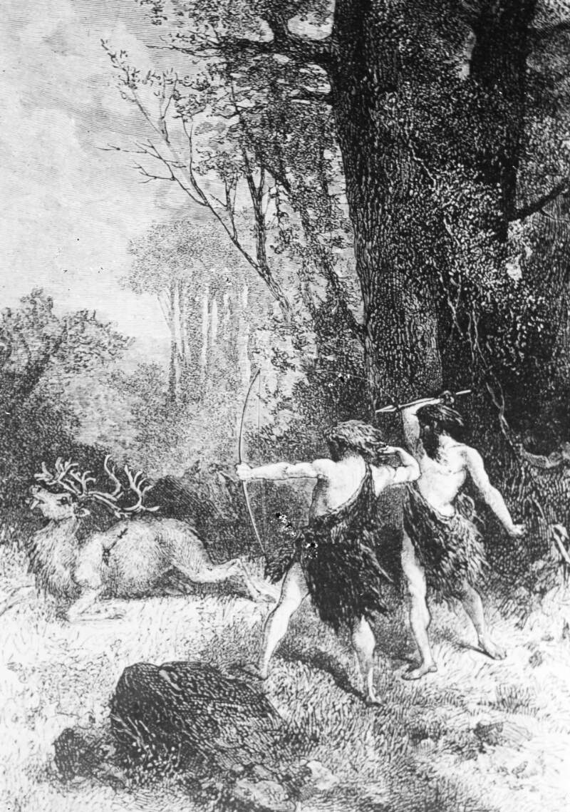 Etching, 'The chase during the reindeer epoch'. Two figures, spear/bow and arrow, slay reindeer.