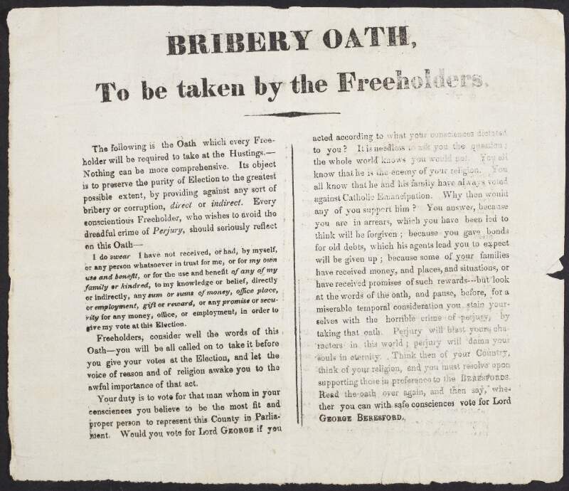 Bribery oath to be taken by the freeholders /