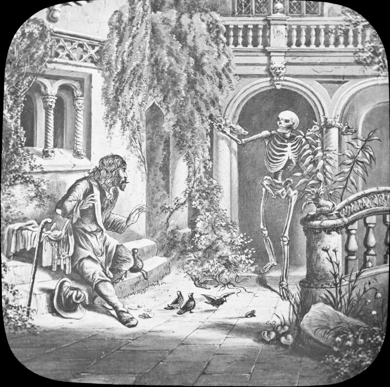 Etching, begging man at arched building as skeleton emerges and hails him.