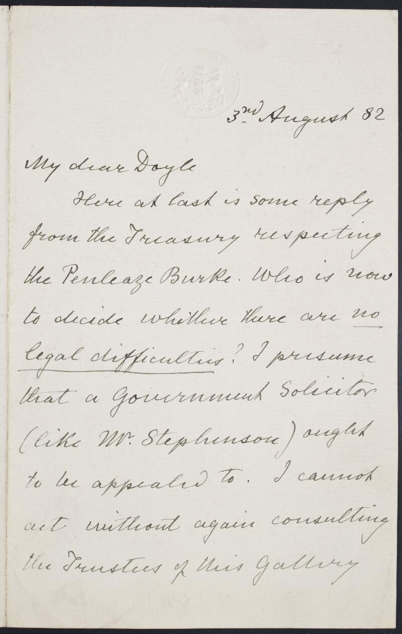 Letter from Sir George Scharf, National Portrait Gallery, to Henry Edward Doyle, regarding legal difficulties over a painting by Penleaze Burke,