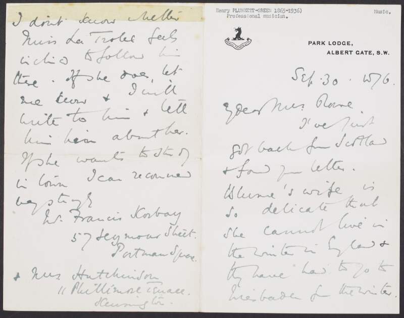 Letter from Harry Plunket Greene to "Anne", informing he is just back from Scotland and the cost of a lesson,