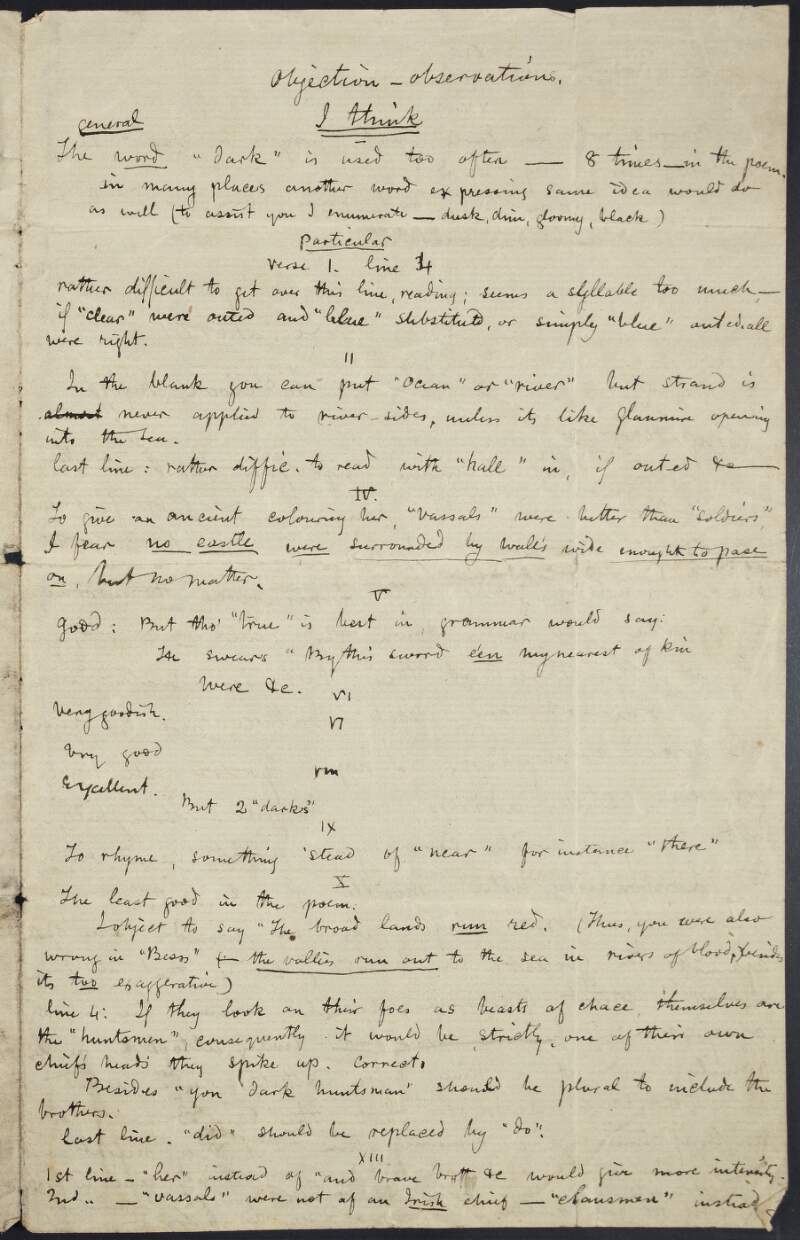 Letter from George Sigerson, to unidentified recipient, regarding his travel plans and giving a critical appraisal of a poem, 'The False Baron of Bray",