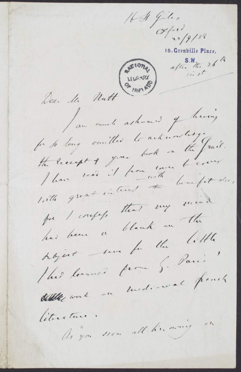 Letter from Whitley Stokes, to Alfred Trubner Nutt, thanking him for sending a book on the Holy Grail and asking for assistance regarding folklore,