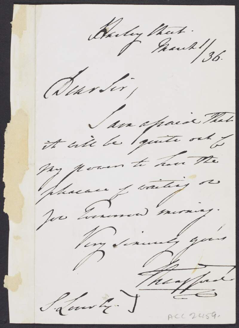 Letter from Percy Smythe, Viscount Strangford, to Samuel Lover, declining an invitation,