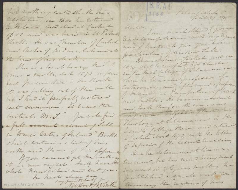 Letter from Newport Benjamin White, to unidentified recipient, giving details of the life of Andrew Sale,