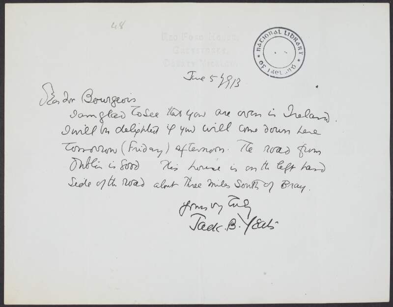 Letter from Jack Butler Yeats, to "Bourgeois", inviting him to visit his home,