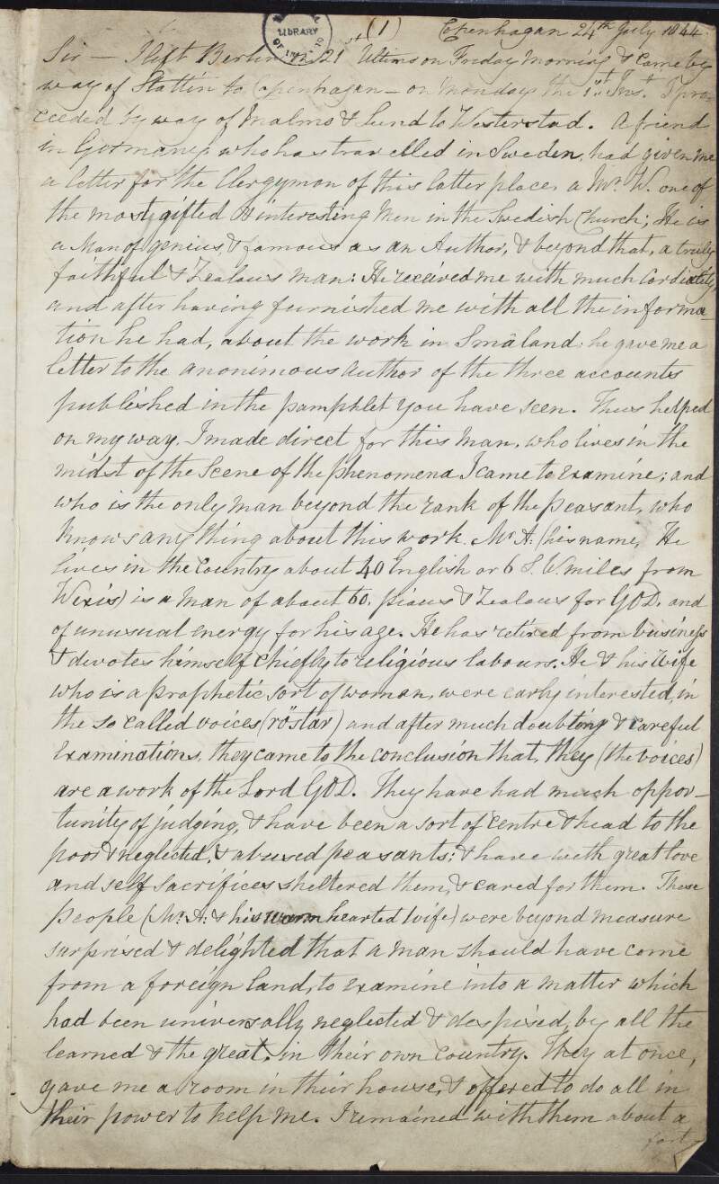 Letter from Charles John Thomas Bohm, to unidentified recipient, describing at length his travels in Sweden,