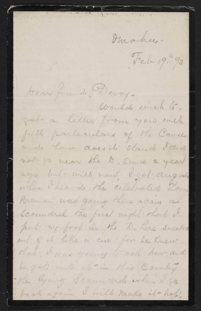 Letter from Mike Hogan to John Devoy in which he asks for full particulars of the Cause,