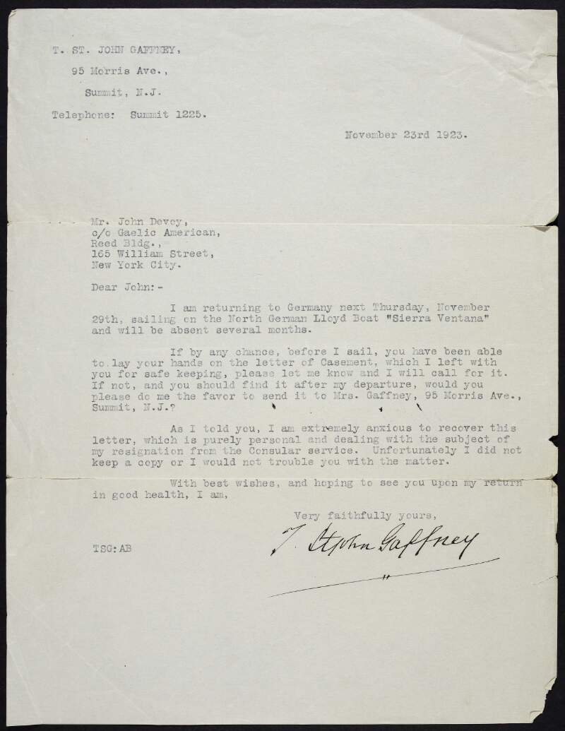Letter from Thomas St. John Gaffney to John Devoy regarding a letter from Roger Casement,
