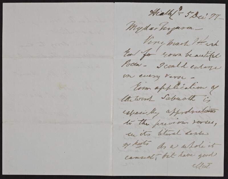 Letter from Thomas A. Larcom to Sir Samuel Ferguson, discussing his "beautiful poem",