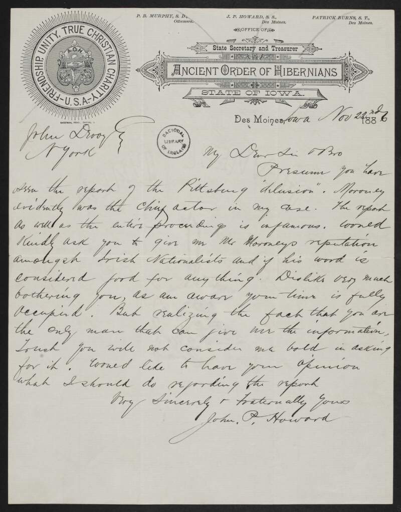 Letter from John P. Howard to John Devoy asking about a Mr Moroney,