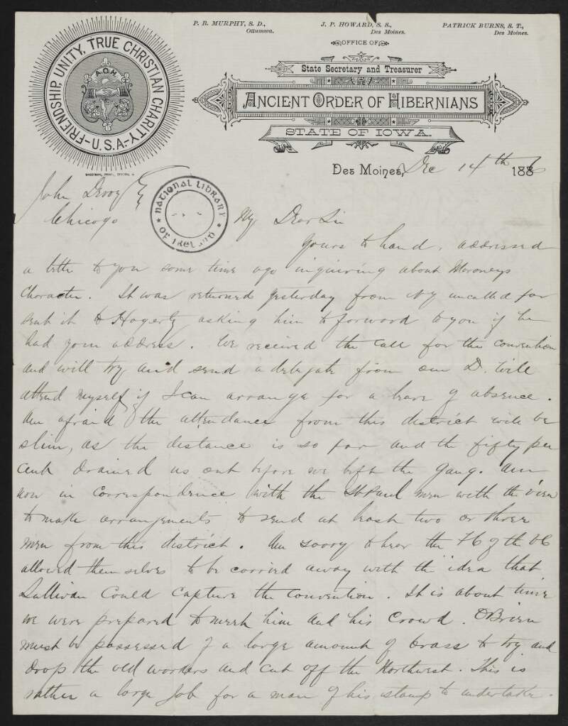 Letter from John P. Howard to John Devoy saying that some meetings have been poorly attended,