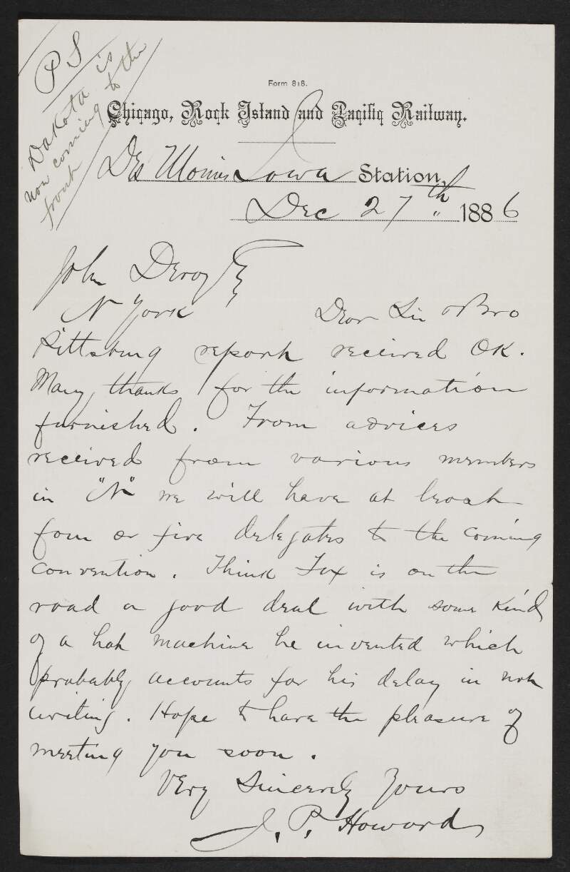 Letter from John P. Howard to John Devoy saying a speech in Pittsburgh went well,