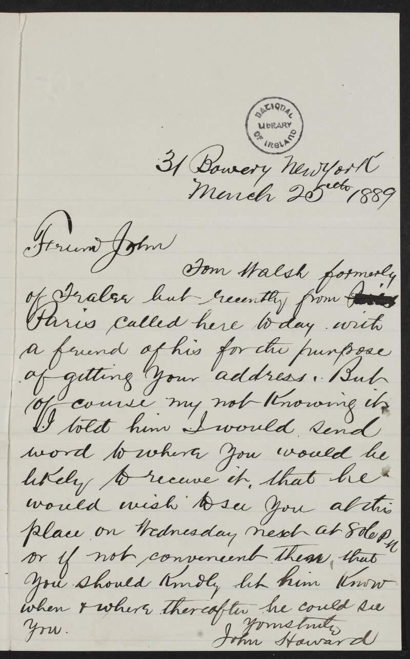 Letter from John P. Howard to John Devoy saying that someone was looking for his address,
