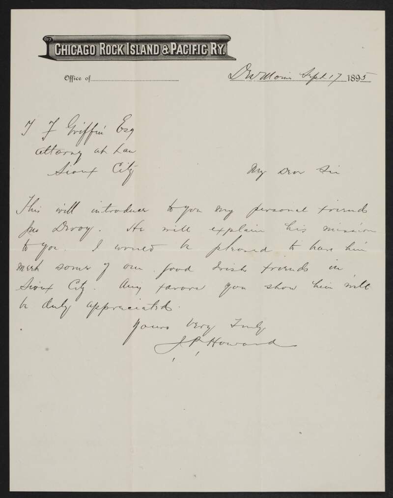 Letter of introduction for T. F. Griffin to John Devoy by John P. Howard,