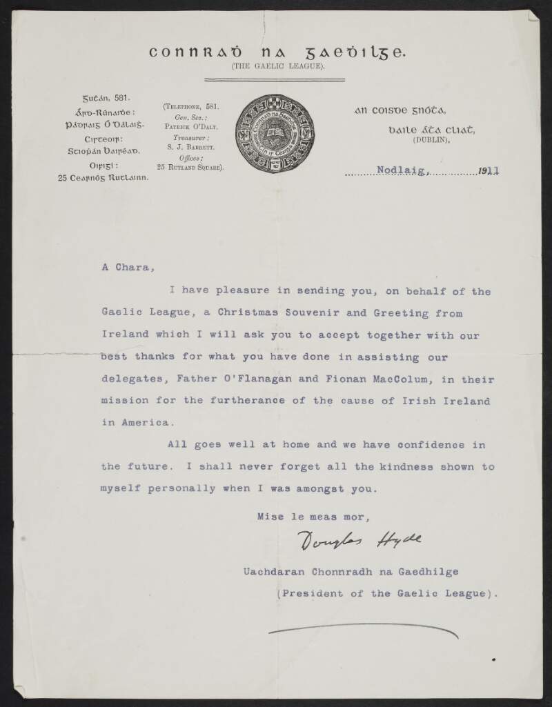 Letter from Douglas Hyde to John Devoy sending a Christmas souvenir and greeting,