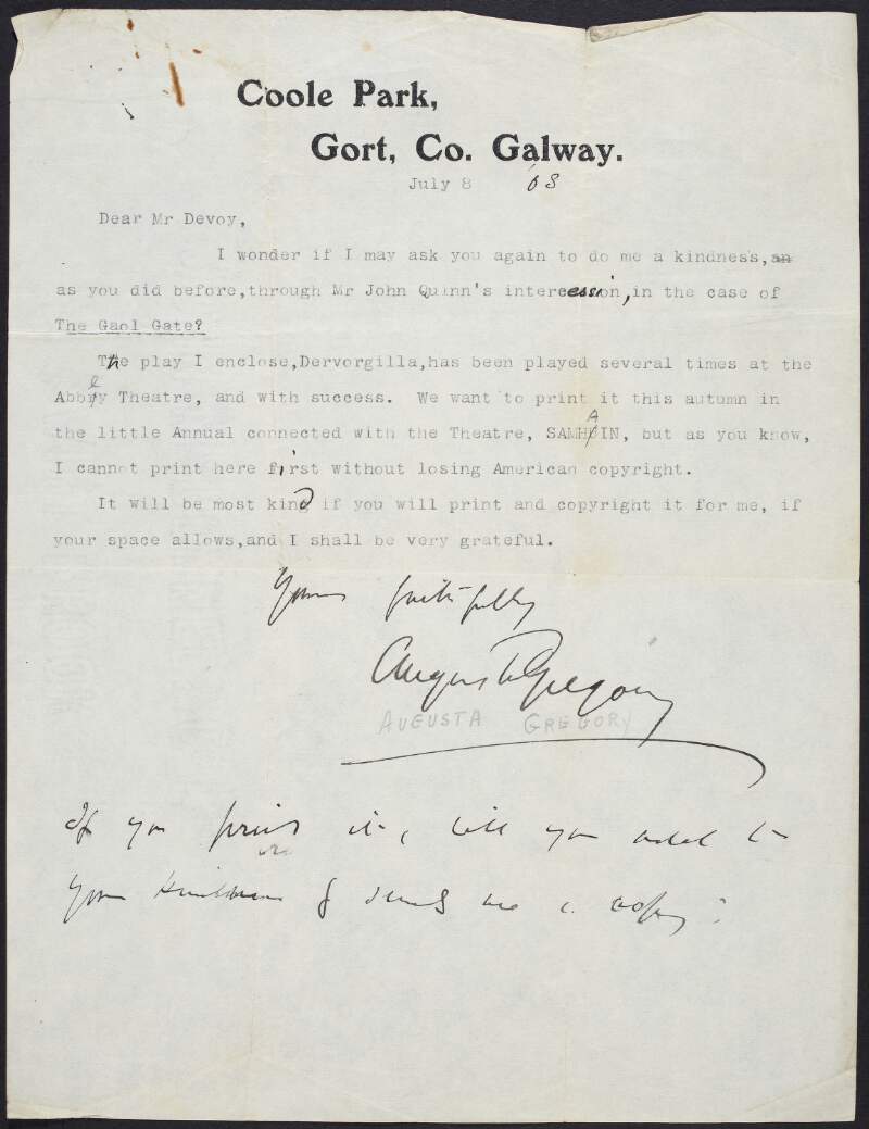 Letter from Lady Gregory to John Devoy asking him to print and copyright a play called 'Dervorgilla',