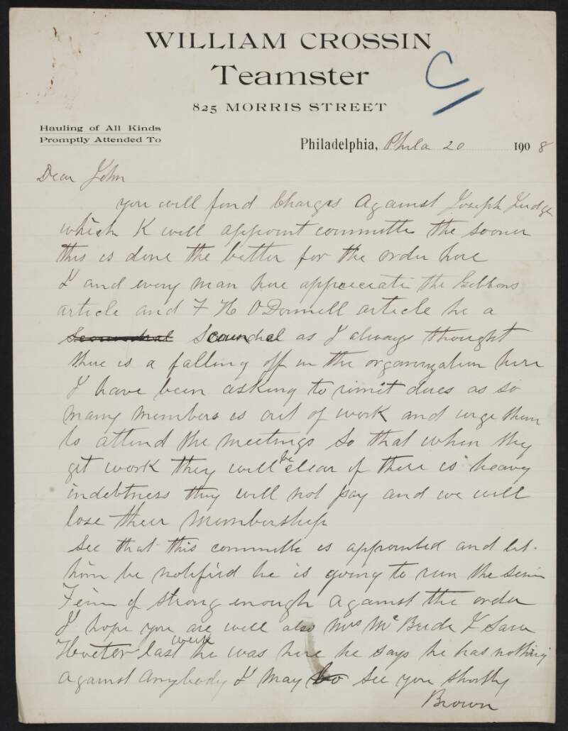 Letter from "Brown" to John Devoy regarding charges against Joseph Judge,