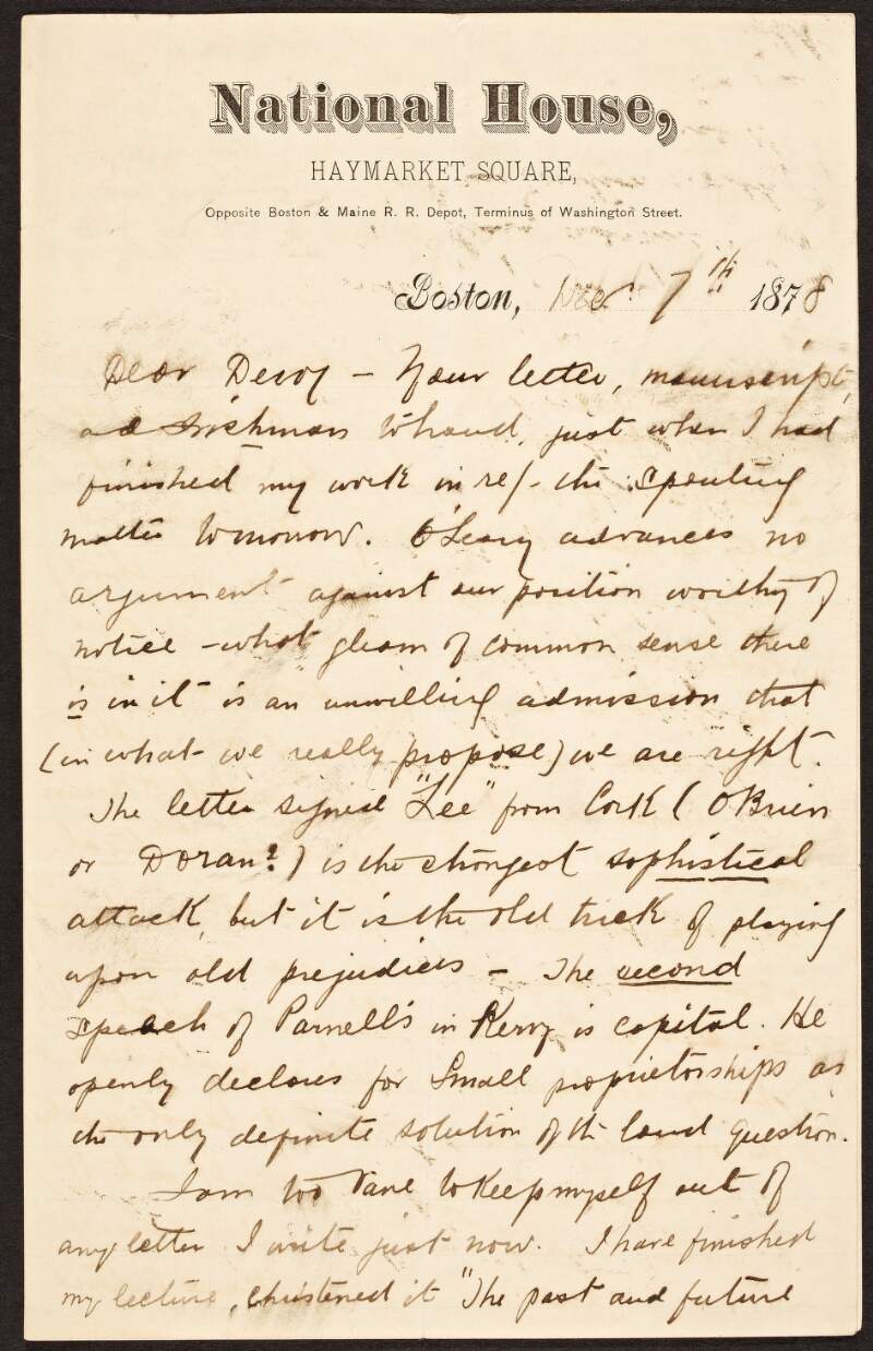 Letter from Michael Davitt to John Devoy regarding the Land Question, Charles Stewart Parnell and the New Departure,