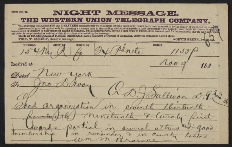 Telegram from William M. Browne to John Devoy regarding C. D. J. Sullivan,