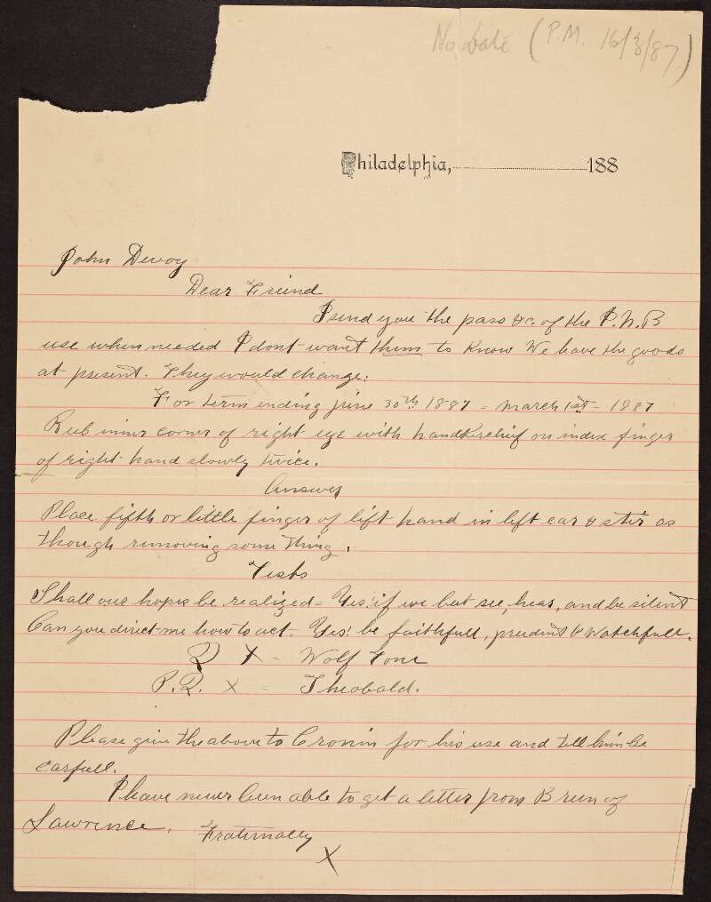 Letter from Luke Dillon to John Devoy regarding secret hand movements for the "P.N.B",
