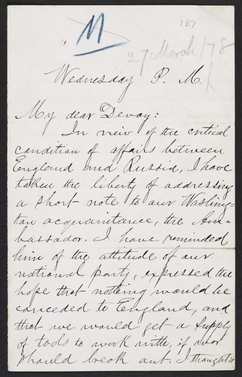 Letter from General F. F. Millen ("Morgan") to John Devoy regarding Millen's contact with the Russian ambassador in Washington,