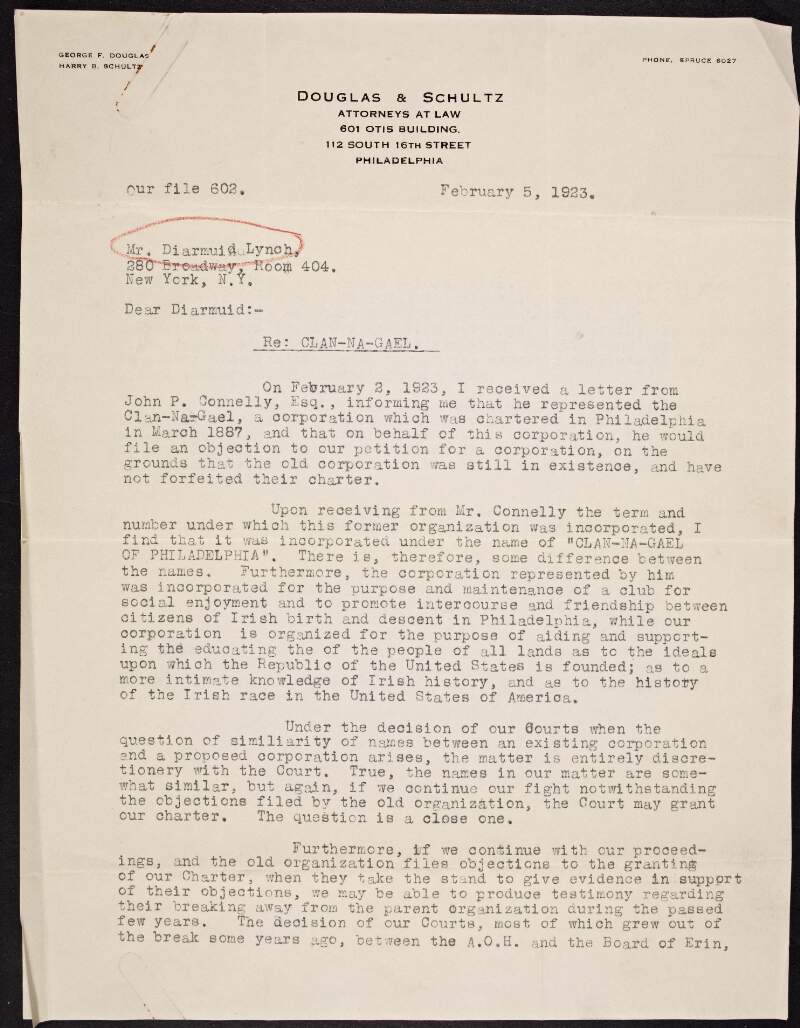 Letter from George F. Douglas to Diarmuid Lynch regarding an attempt to set up a separate organisation also called Clan na Gael,